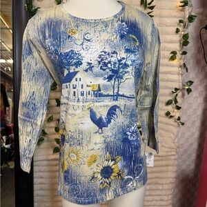 Artistic Blue and Yellow Long Sleeve Women's Top